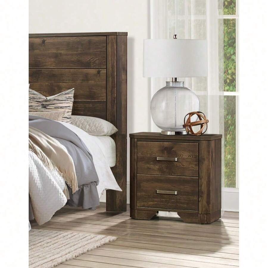 Rustic Brown Finish Nightstand With Storage Drawers Clipped Corners Transitional Style Wooden Bedroom Furniture 1pc Bedside Table