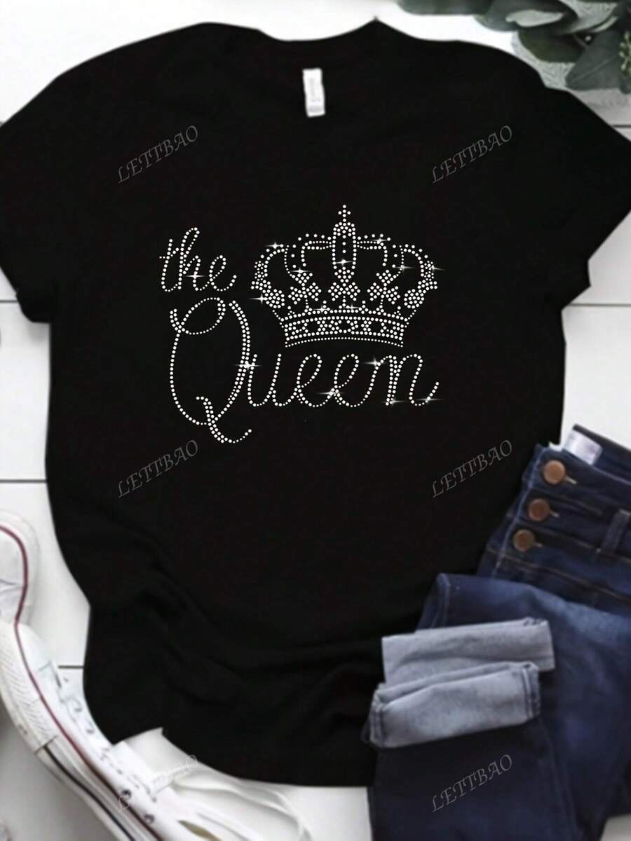 Maglietta casual da donna a girocollo e maniche corte, con decorazioni in strass a forma di corona e lettera, di stile minimalista, adatta per l'uso quotidiano