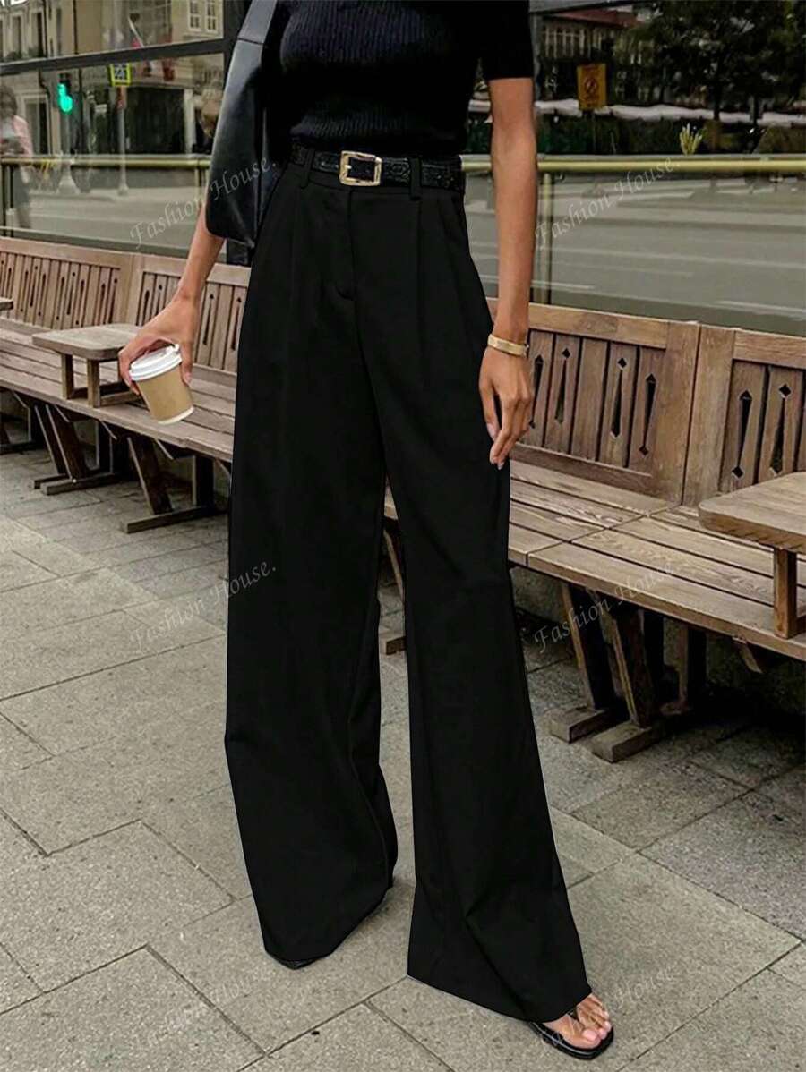 Simple Solid Color Wide Leg Suit Pants (Without Belt), Casual & Versatile