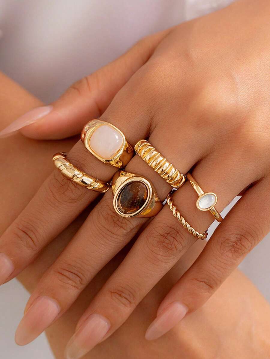 6pcs/Set French Minimalist Design Metal Vintage Ring Set, Suitable For Parties, Gifts, And Daily Wear