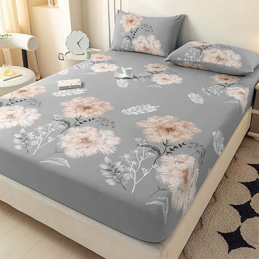 3pcs Fitted Sheet Set, Printed Fitted Sheet Set (Including Pillowcase, No Filling), 100% Polyester Fabric Printed Fitted Sheet & Bed Cover Set, Washable, Modern Minimalist Home Bedding