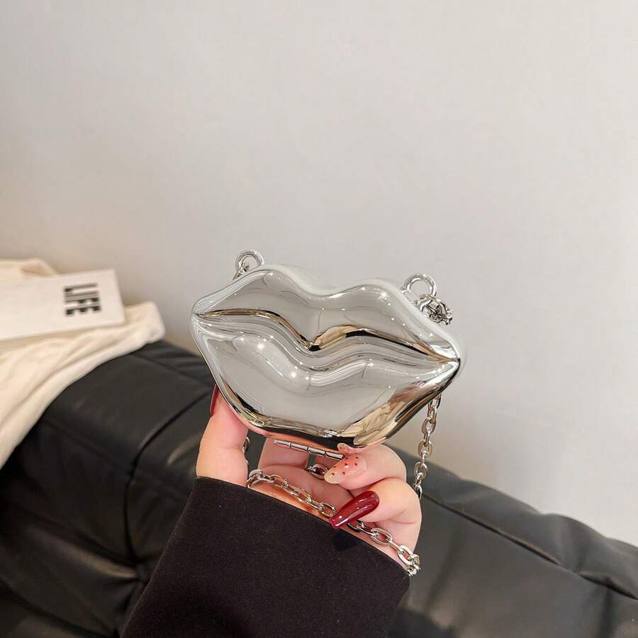 1pc Mini Metallic Lip Shaped Coin Purse, Quirky Acrylic Earphone Case, Japanese Style Box Bag, Korean Lipstick Pouch, Glittery Shoulder Chain Crossbody Bag, Suitable For Party, Dinner, Wedding, Club And Casual Outing, Perfect Birthday Gift For Her