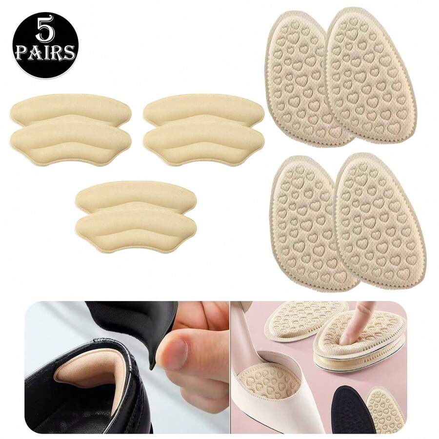 5 Pairs Anti-Slip Shoe Cushions (2 Forefoot Pads + 3 Heel Grips), Soft Foam Material For High Heels & Sneakers, Adjustable Size For Loose Shoes