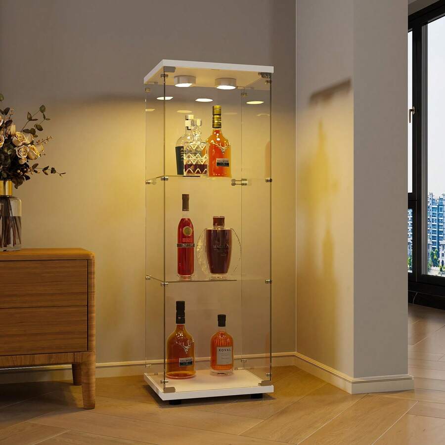 Vetrina in vetro con illuminazione a LED, 4 ripiani con anta, vetrina in vetro temperato con schienale a specchio, libreria da terra per soggiorno, camera da letto, ufficio