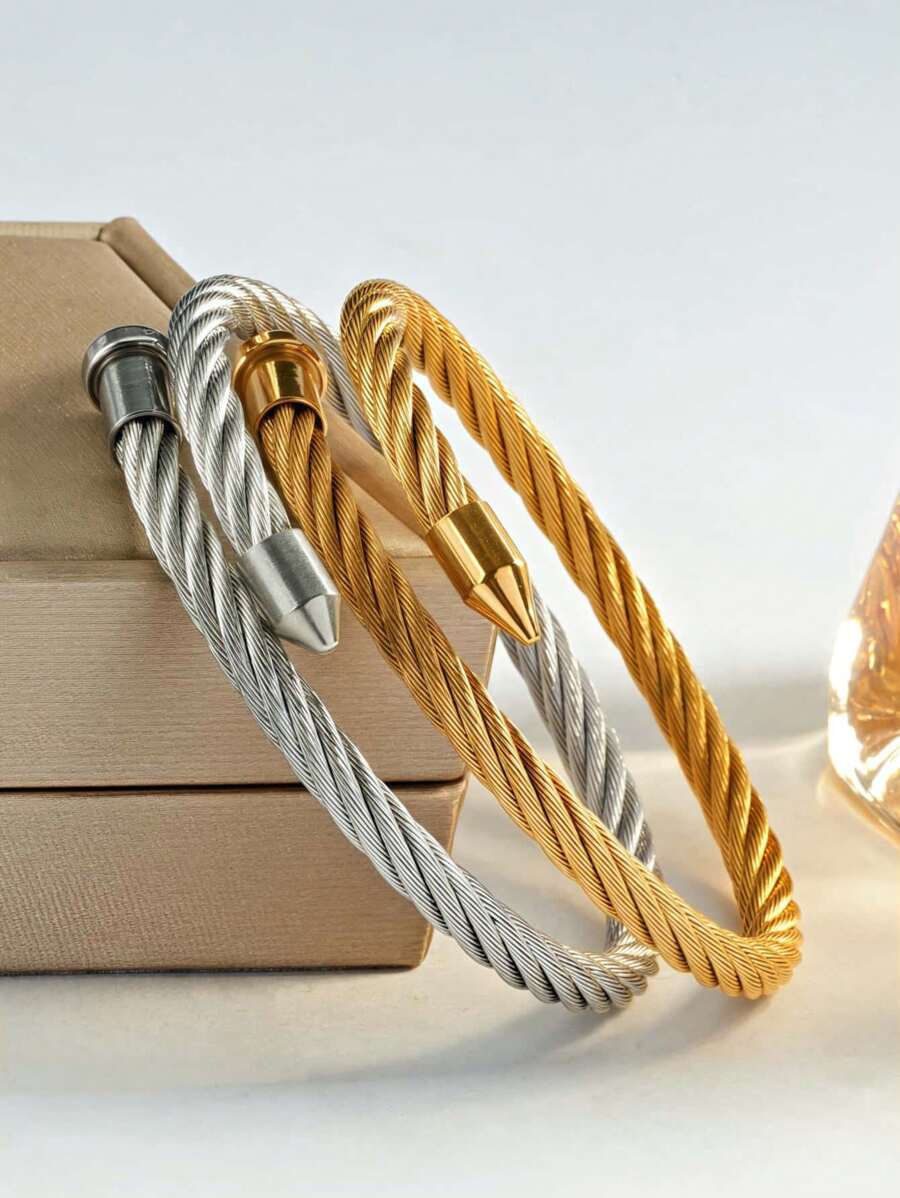 2 pièces/1 pièce Bracelet uniexe casual en acier inoxydable plaqué or 18K, design à vis, convient pour homme et femme, pour porter au quotidien en toute saison