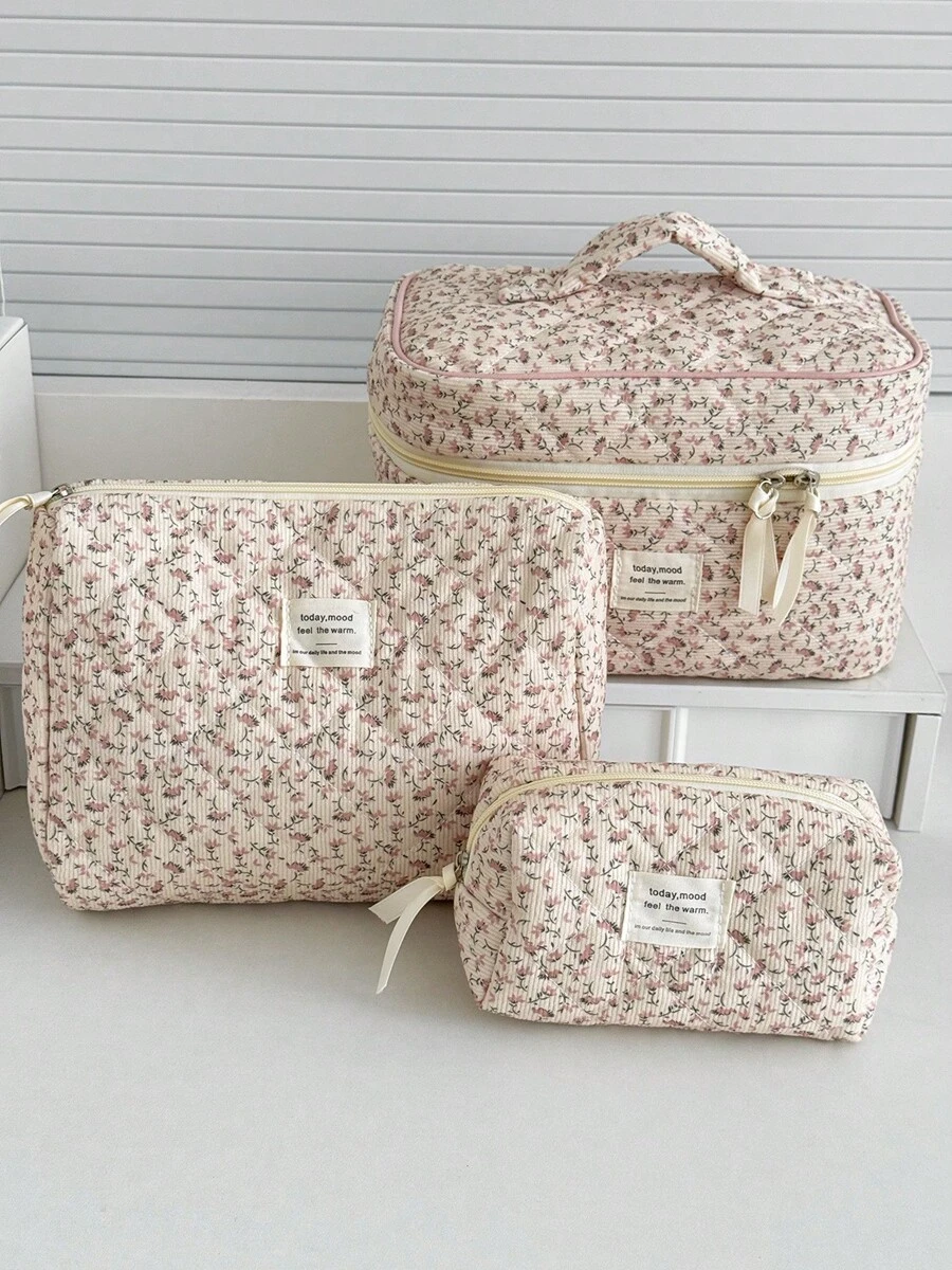 1Pc/Set Pink Floral Makeup Bags Corduroy Multifunctional Cosmetic Organizer Portable Cosmetics Storage Clutch With Zipper Closure For Cosmetics,Skin Care,Lipstick,Brush,Hand Cream,Headset,Coin,Keys,Small Items For Home,Travel,Vacation And School Use Makeup Bag Makeup Pouch Skincare Bag Toiletry Bag Packing Cubes Travel Essentials Cruise Essentials Dorm Essentials Wedding Bridesmaid Gifts,Mom Gifts,Birthday Gifts,Gifts For Friends And Teacher