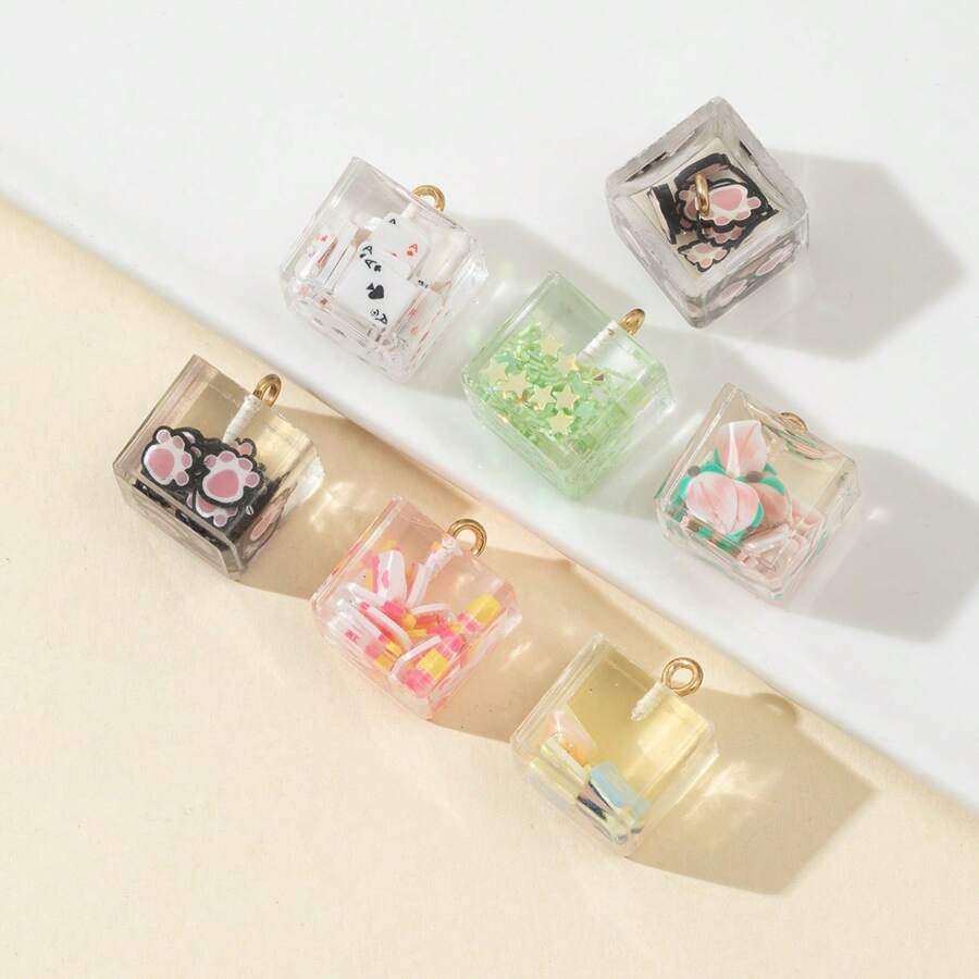 5pcs Assorted Transparent Cube Hanging Decor, DIY Bag Pendant & Keychain Creative Fashion Accessories, Random Mix