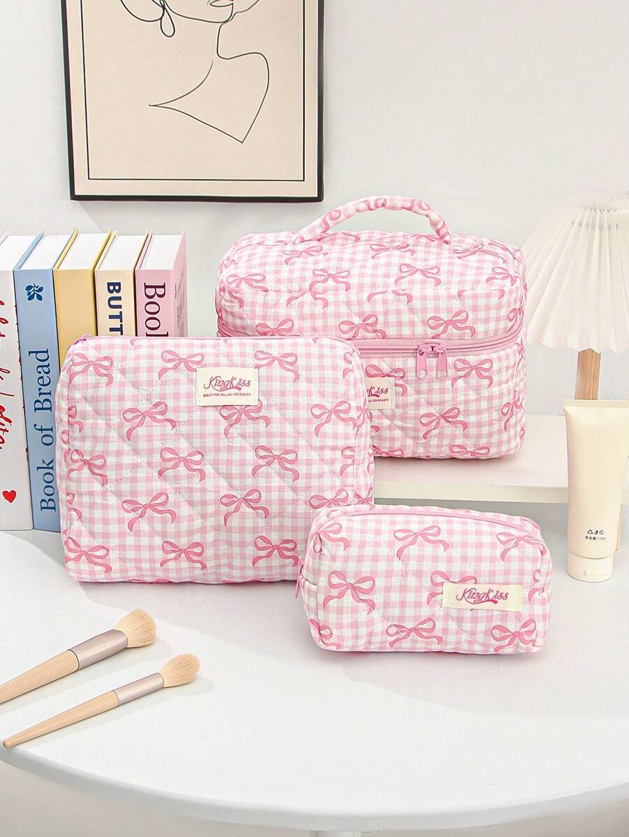 1 Peça Bolsa de Cosméticos Quadriculada Rosa para Mulher, com Zíper e Portátil, Fashionável e Fofa com Grande Capacidade, Acolchoada, Adequada para Armazenamento de Cosméticos, para Presente de Aniversário, para Dia da Mãe, Conjunto de Viagem de Estilo Doce