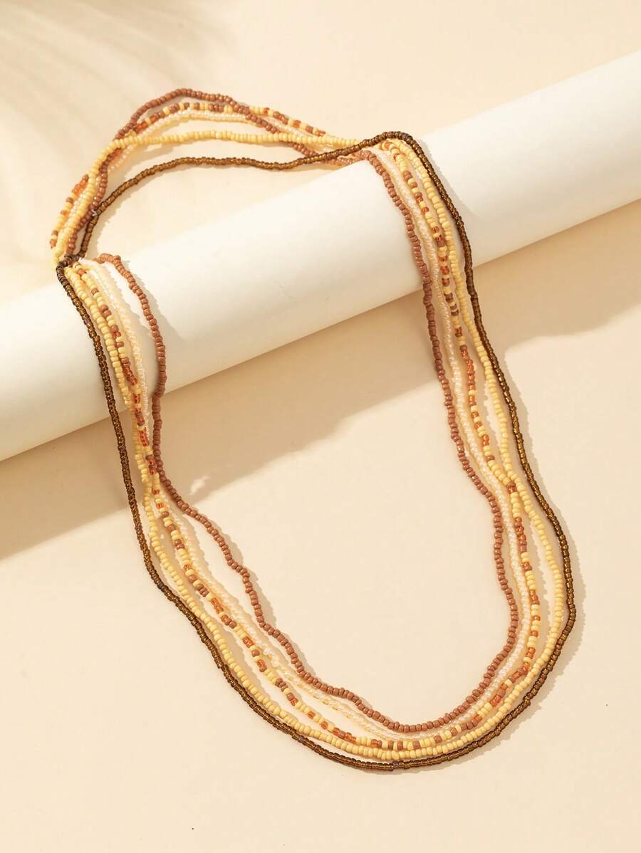 5pcs Set Elastic Rice Beaded Waist Chain, Bracelet, Body Chain, Red Color Bohemian Combination Fashionable For Women