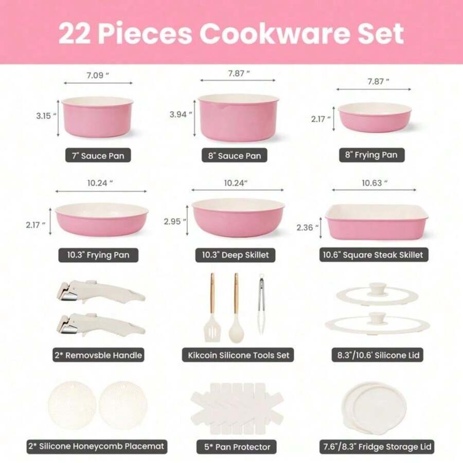 GUIRE Kikcoin 22 Pcs Pots Pans Set Nonstick Complete Cookware Set With Lids,Detachable Handle,PFAS-Free,Dishwasher Oven Safe,Kitchen,Gift 80921