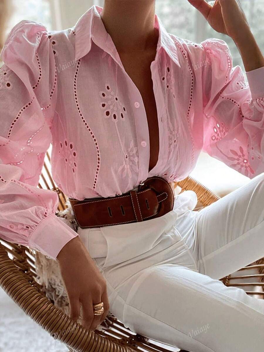 Conjunto de ropa de vacaciones de mujer verano Vaiaye de unicolor, tipo bohemio, con blusa bordada y calada, apropiada para vacaciones y uso diario