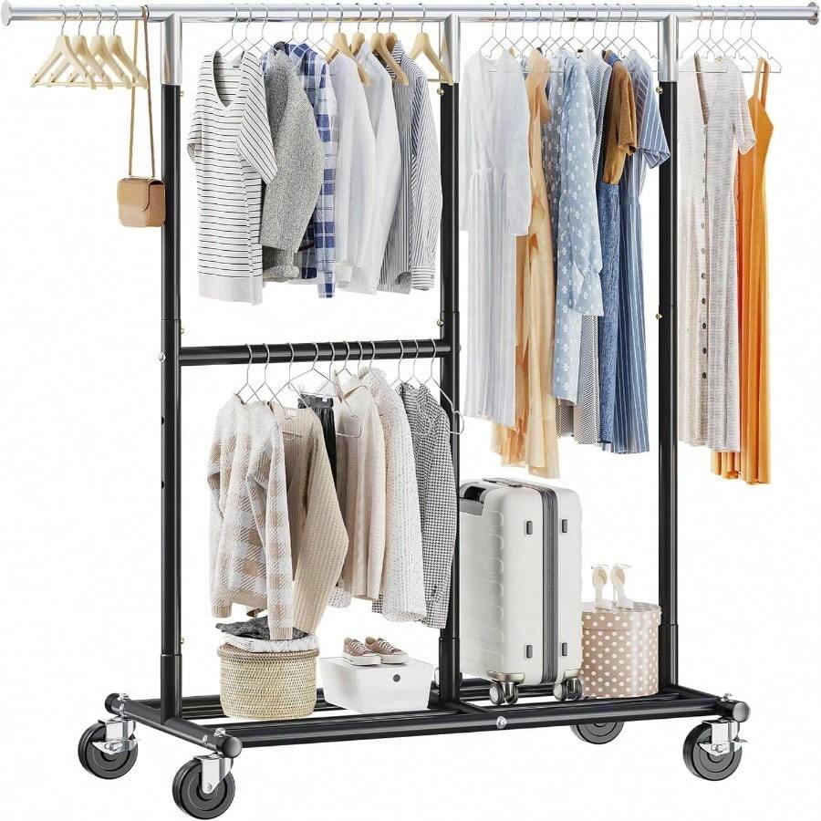 Heavy Duty Clothes Rack Load 405 LBS, Metal Garment Rack, Clothing Racks For Hanging Clothes With Wheels, Rolling Commercial Portable Rack, Gold