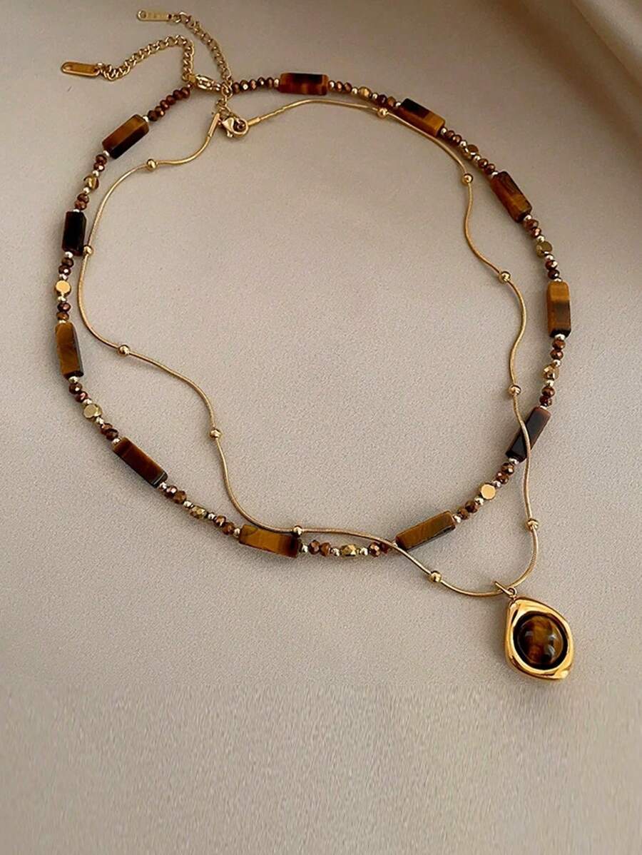 Retro Elegant Layered Tiger Eye Stone Pendant Necklace For Women Stainless Steel Double-Layer Collarbone Chain Sets Jewelry, Ladies' Daily Party Accessories, Fashionable Jewelry, Best Friend Gifts(Natural Stone Color Random)