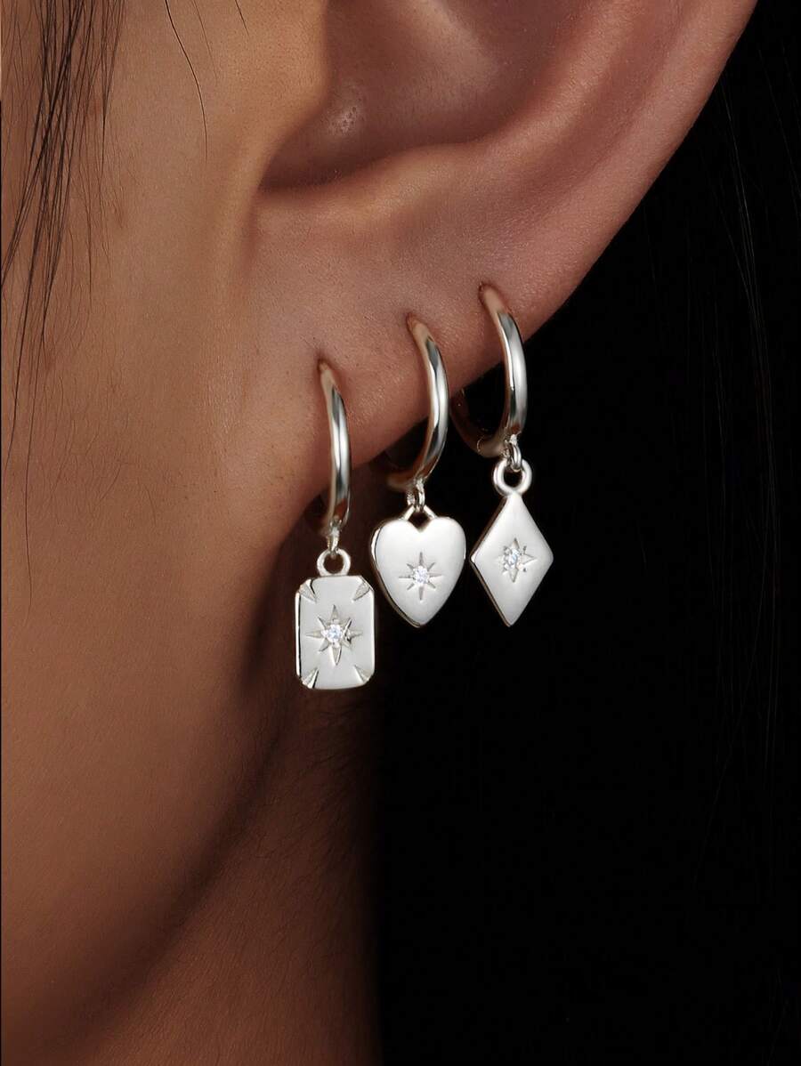 3pcs 925 Sterling Silver Earrings, Fashion Personalized Elegant Geometric Square Diamond-Shaped Heart Pendant Earrings, Suitable For Men And Women Daily Party To Wear Low Allergy Hoop Earrings, Perfect Birthday, Valentine's Day, Easter, Thanksgiving Jewelry Gifts