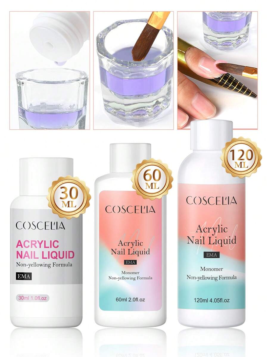 coscelia 30/60/120ML Acrylic Nail Liquid Acrylic Liquid Monomer System (1.0/2.0/4.05 Fl.Oz) For Acrylic Powders Quick Drying And Non-Yellowing For Nail Lovers Beginners Acrylic Nails Extension & Carving Salon And DIY Home Use(120ML Acrylic Liquid Will Be Shipped Randomly)