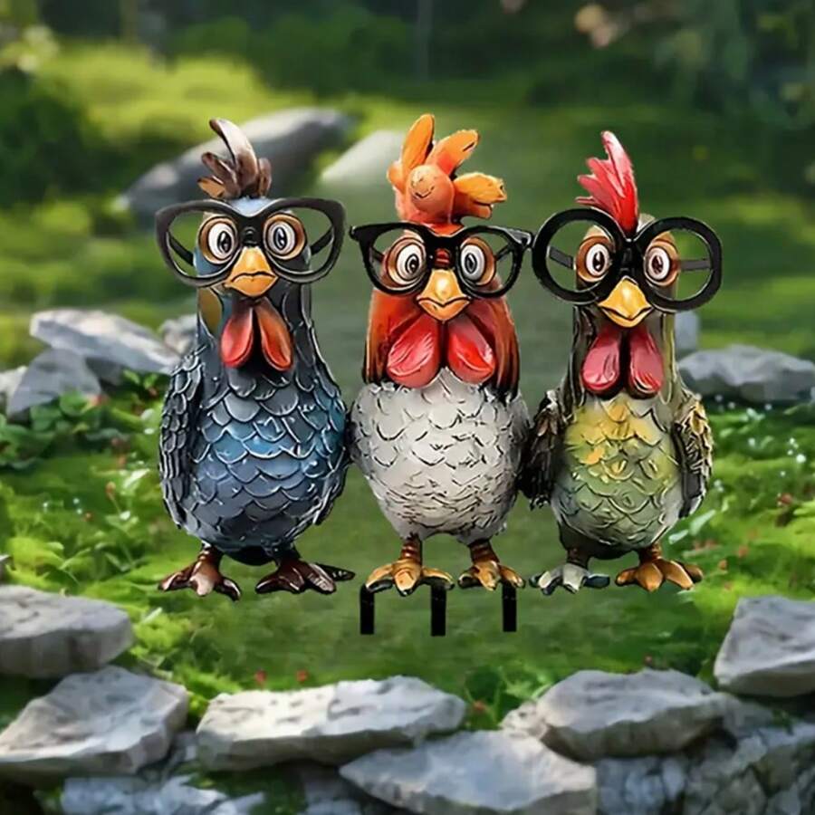 1 Piece, Art Deco 3 Chicken Garden Stakes, Bohemian Style, 2D Used For Courtyard And Garden Decoration, Floor Standing, No Electricity Required, Animal Themed Outdoor Festival Decoration