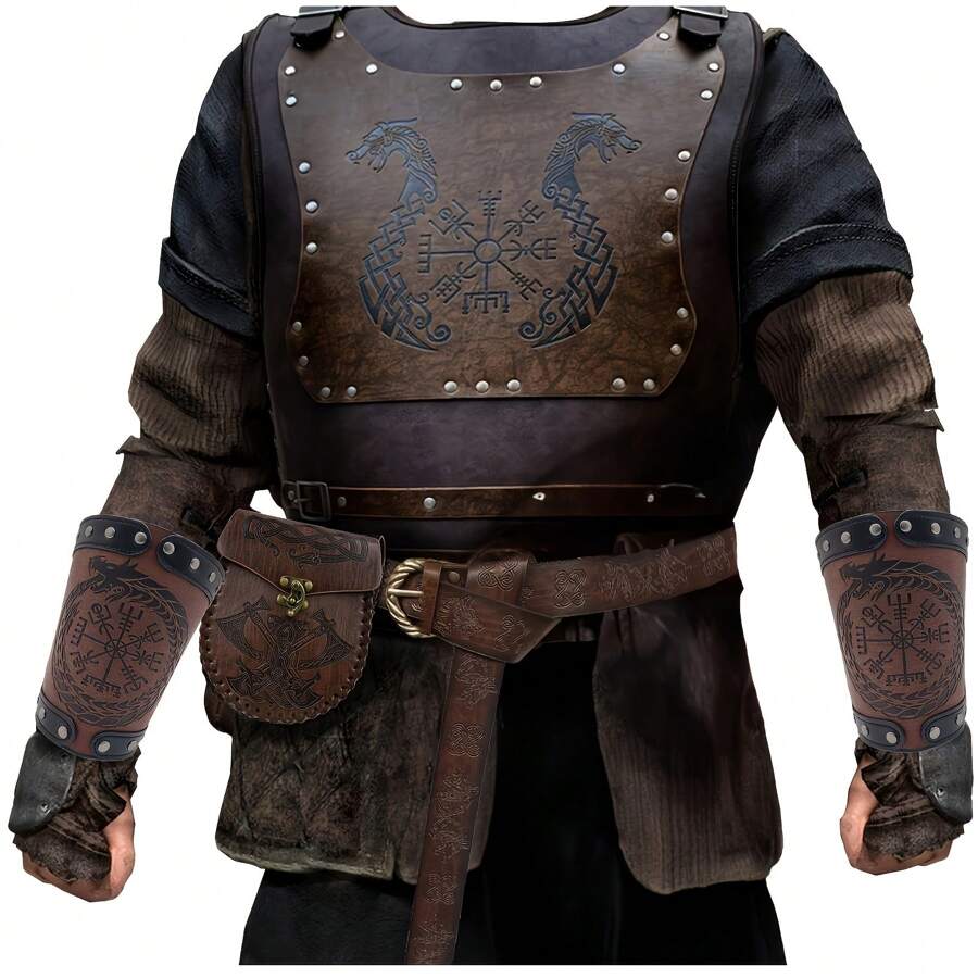 4 pièces/set Costume de guerrier viking en PU décontracté, comprend la tenue viking, le sac de taille, style renaissance, synthétique