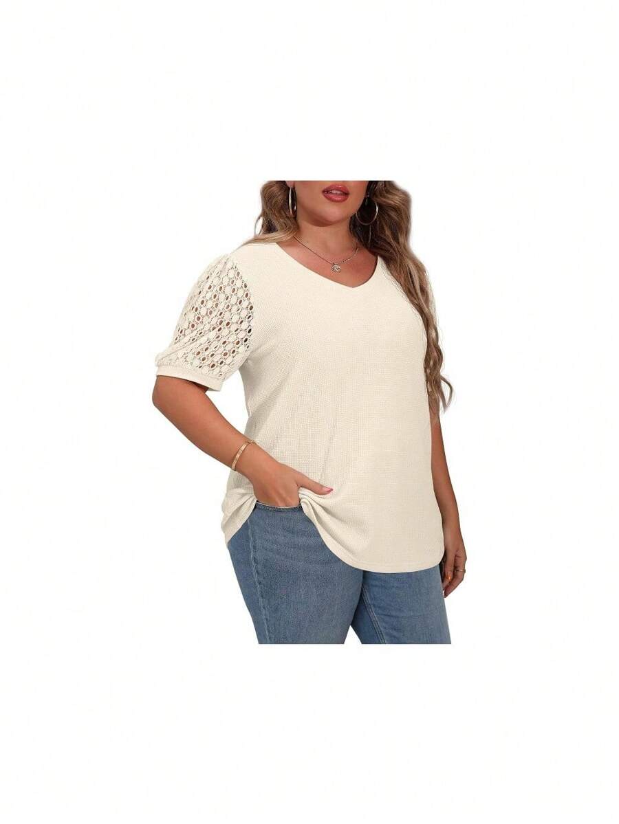 Plus Size Tops For Women Summer Blouse Waffle Knit Short Lace Sleeve Shirts-CWTI