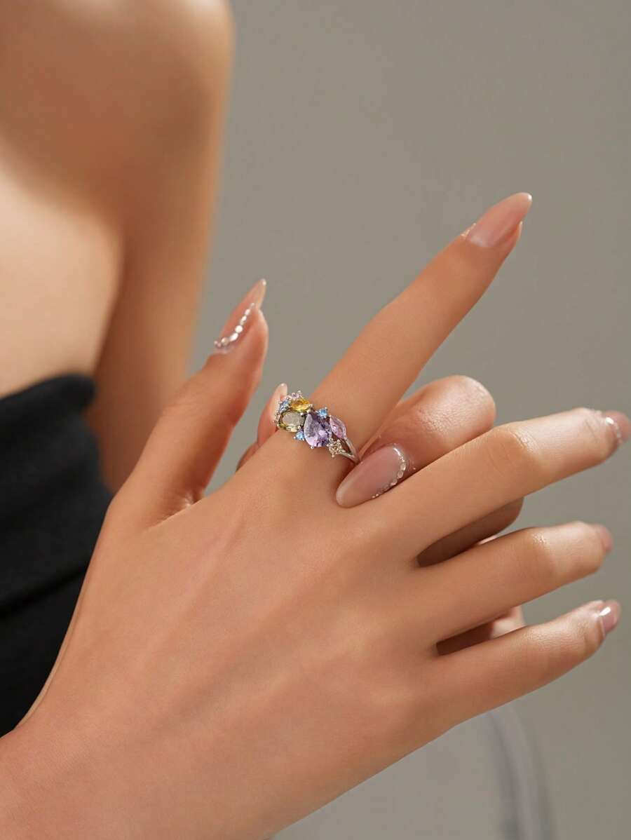 Elegant European & American Fashion Multicolor Zirconia S925 Sterling Silver Ring, Luxurious Personalized Wedding Engagement Anniversary Gift