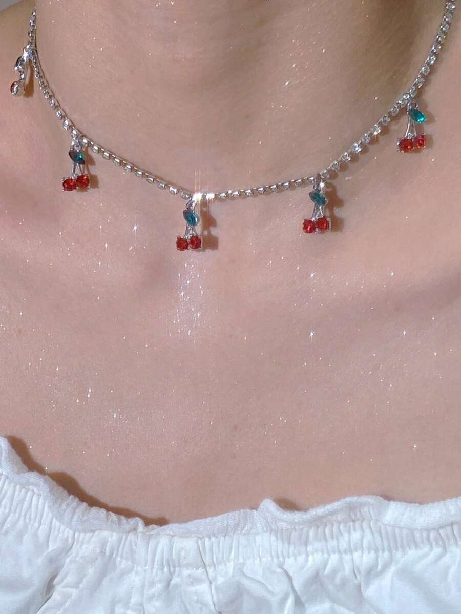 1pc Women's Sweet Style Adjustable Cherry Zirconia Pendant Necklace, Suitable For Daily Wear