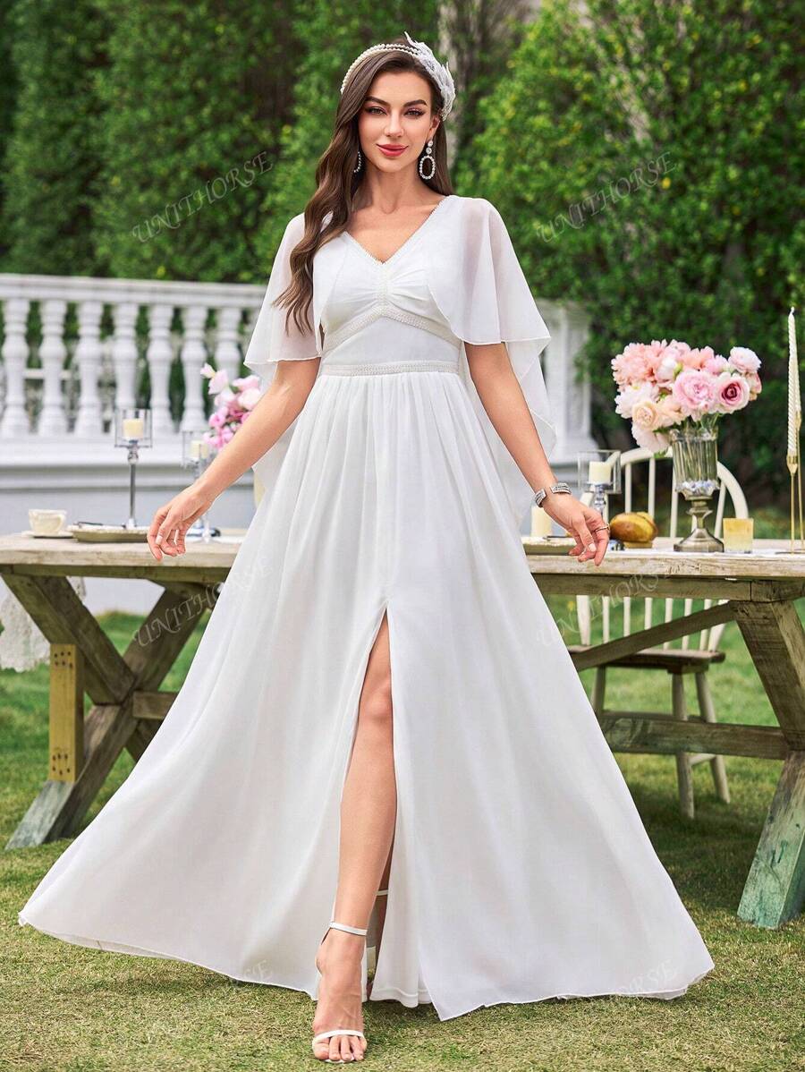 UNITHORSE Vestido de novia de lujo con volantes, adornos de cuentas en la cintura, silueta acampanada, vestido de novia elegante para la boda