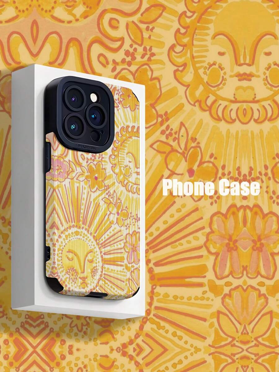 1 pieza Funda de teléfono suave de TPU a prueba de caídas con patrón clásico de sol amarillo y garabatos, compatible con 16/16 PLUS/16 PRO/16 PRO MAX