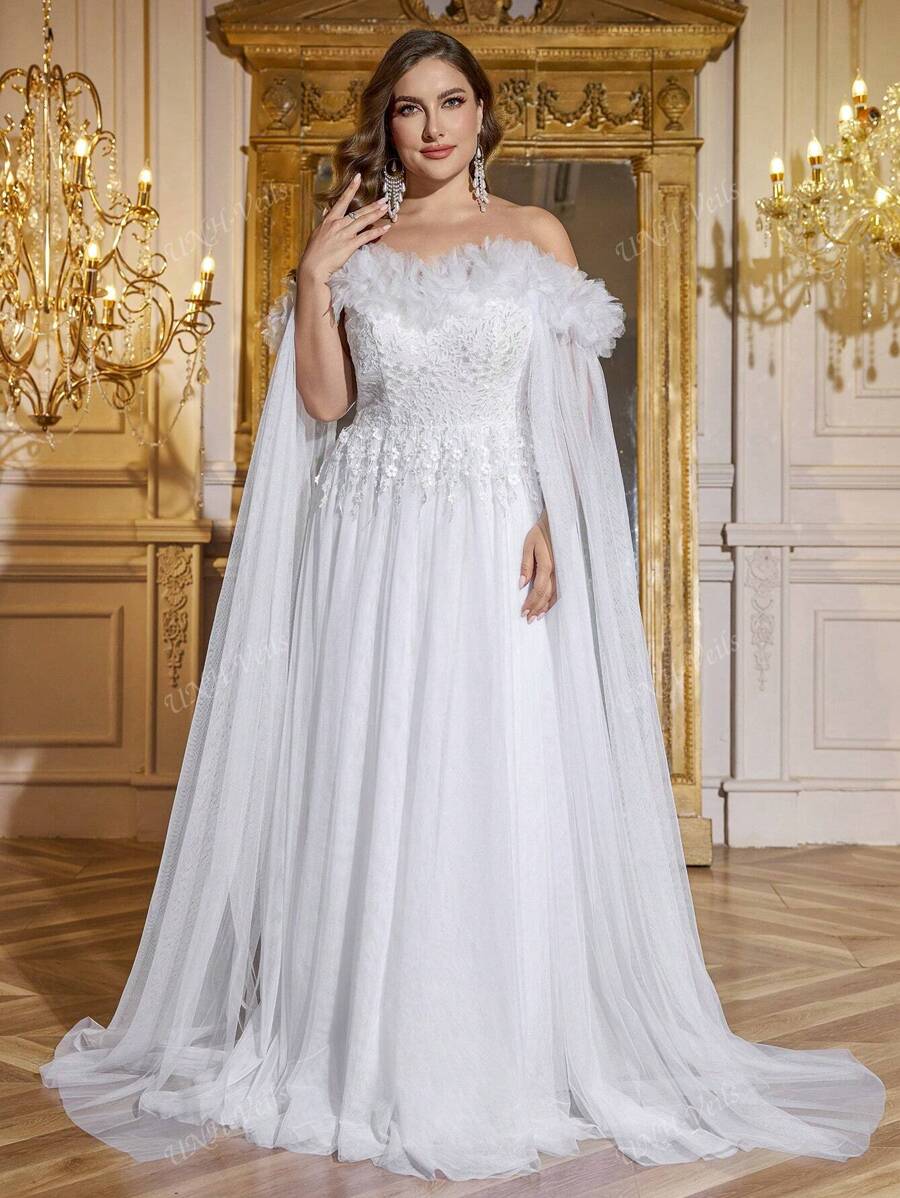 UNITHORSE UNITHORSE Plus Size Off Shoulder Batwing Sleeve Open Back Lace Embroidery Mesh Contrast White Wedding Dress Gown, Bride Dress, Birthday Women Outfits, Graduation Dress, Formal Dress, All White Party Outfit Women