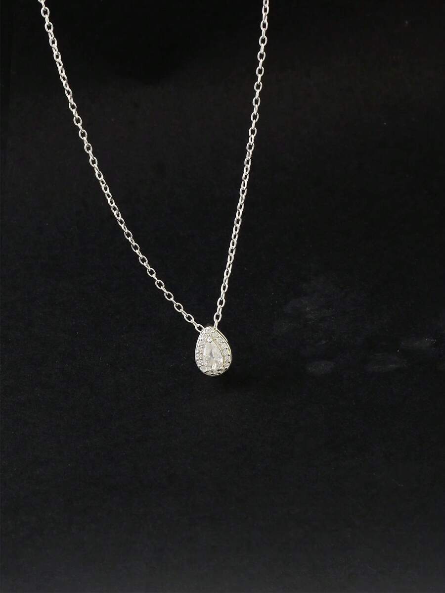 1pc Women's 925 Silver Water-Drop Pendant Necklace, Delicate & Versatile For Daily Wear, Casual, Vacation, Work