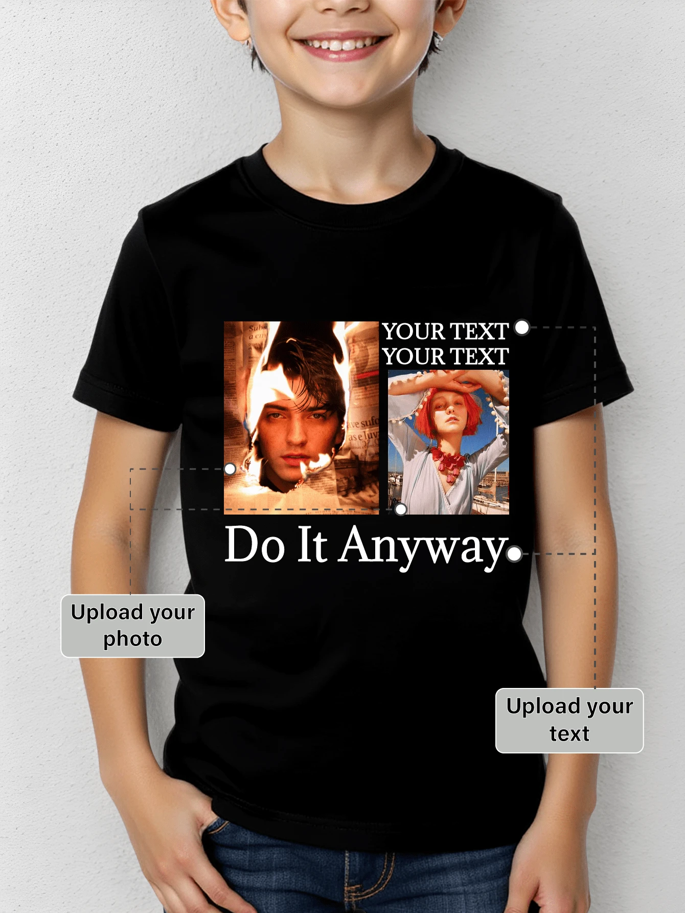 Customized Photo Print T-Shirt For Boys, Upload Your Family/Pet/Selfie/Friend Photos, Personalized Customized T-Shirts For Team/Outdoor/Class, Round Neck Short Sleeve Kids Tee In Black, Customized For Teenagers, Holidays, Birthdays, Anniversaries, Culture Shirts, Party Gifts, Summer Wear, Summer T-Shirts For Youth And Children