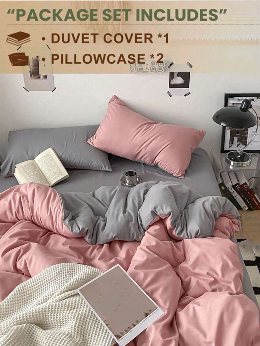 3 pièces Ensemble de literie de dortoir, comprenant 1 pièce housse de couette et 2 taies d'oreiller, en tissu ultra-doux rose et gris clair, lavable en machine (sans rembourrage)