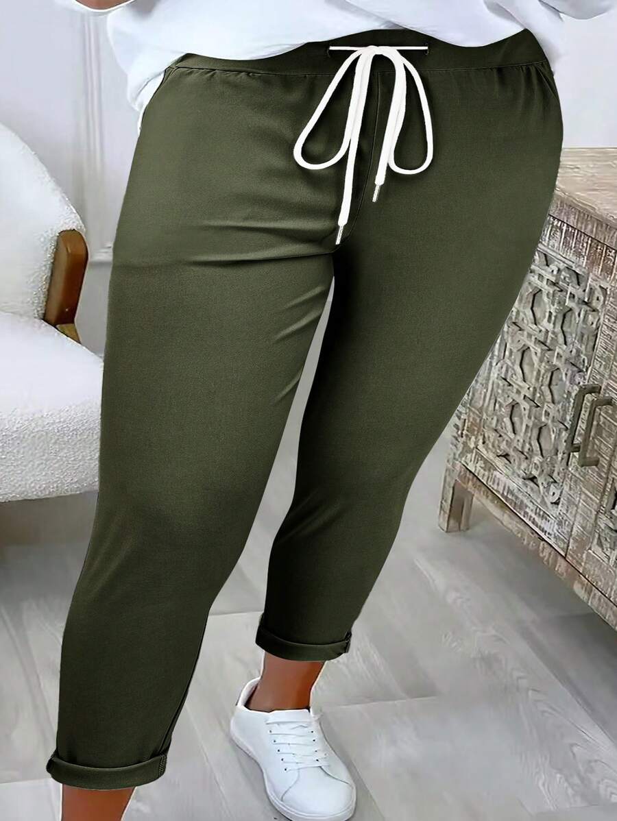 Pantalones largos informales con cintura ajustable para mujer talla grande