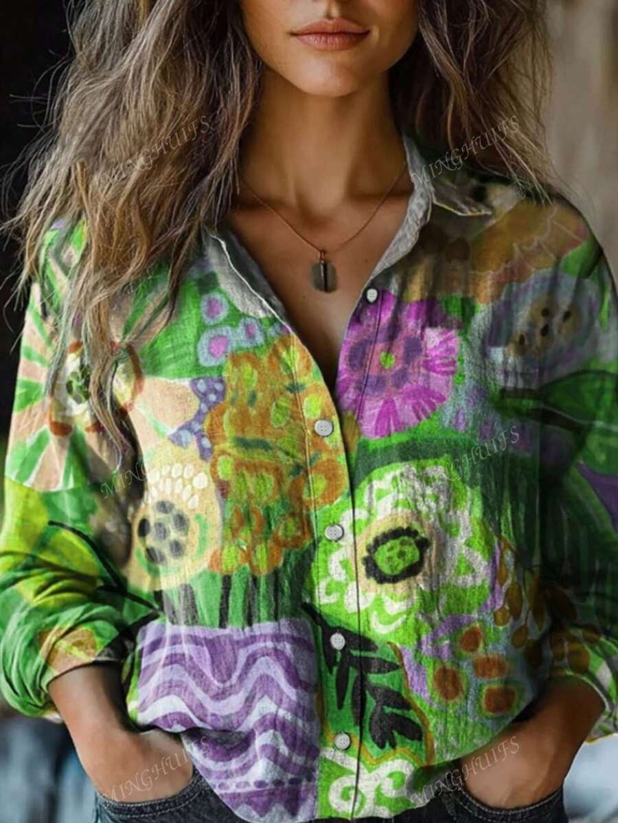 Women's Vintage Lovely Floral Art Print Casual Long Sleeve Comfortable Shirt Back To School Fall Women Clothes