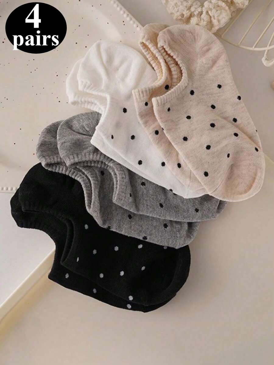 4 Pares De Meias Femininas De Bolinhas, Meias Curtas, Meias Rasas De Bolinhas, Antiderrapantes E Invisíveis