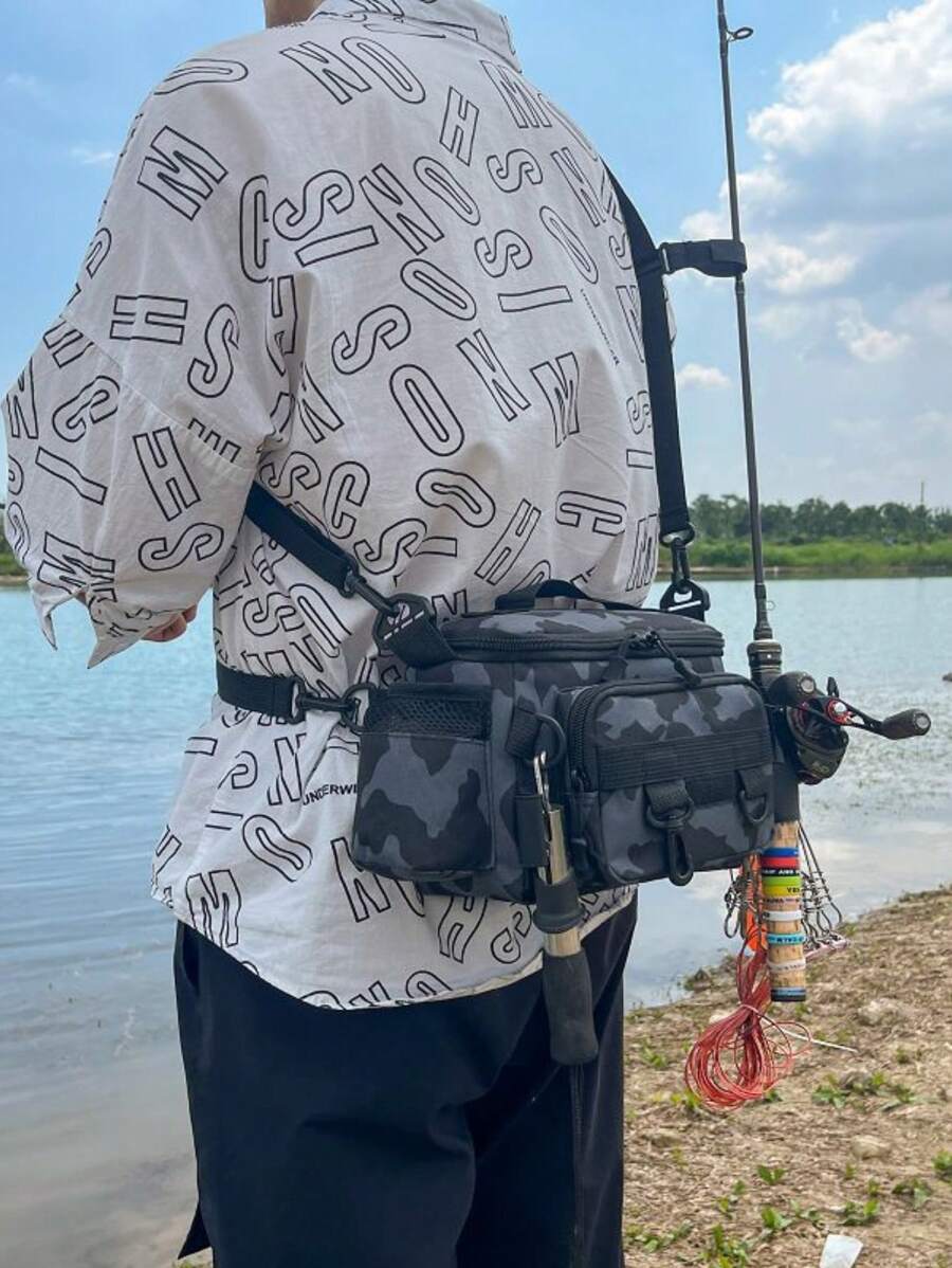 1 pièce Sac à appâts de pêche multi-compartiments imperméable avec motifs camouflage et géométriques - Couleurs unies, fermeture éclair, sangle d'épaule. Idéal pour le rangement du matériel de randonnée, de camping et de pêche en extérieur