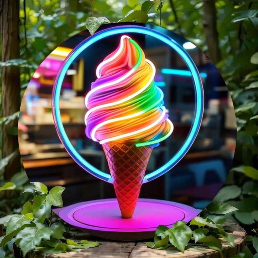 1pc, 8"X8", Vibrant Rainbow Ice Cream Neon Sign Metal Wall Decor, Rust-Proof & Waterproof - Ideal For Home, Bar, Cafe, Garden Indoor/Outdoor Decoration - Perfect Gift For Art Lover, Suitable For Room Decor, Random Hole Style