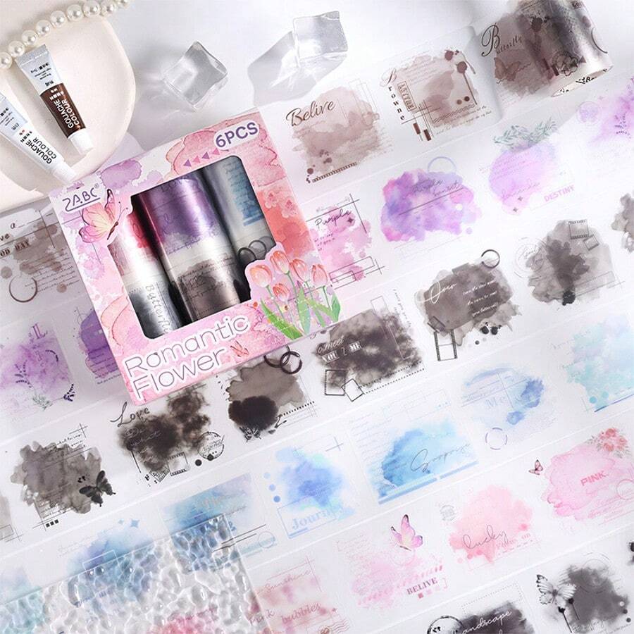 6pcs Romantic Floral Washi Tape Set, English Text And Butterfly Design, For DIY Scrapbooking, Office Supplies