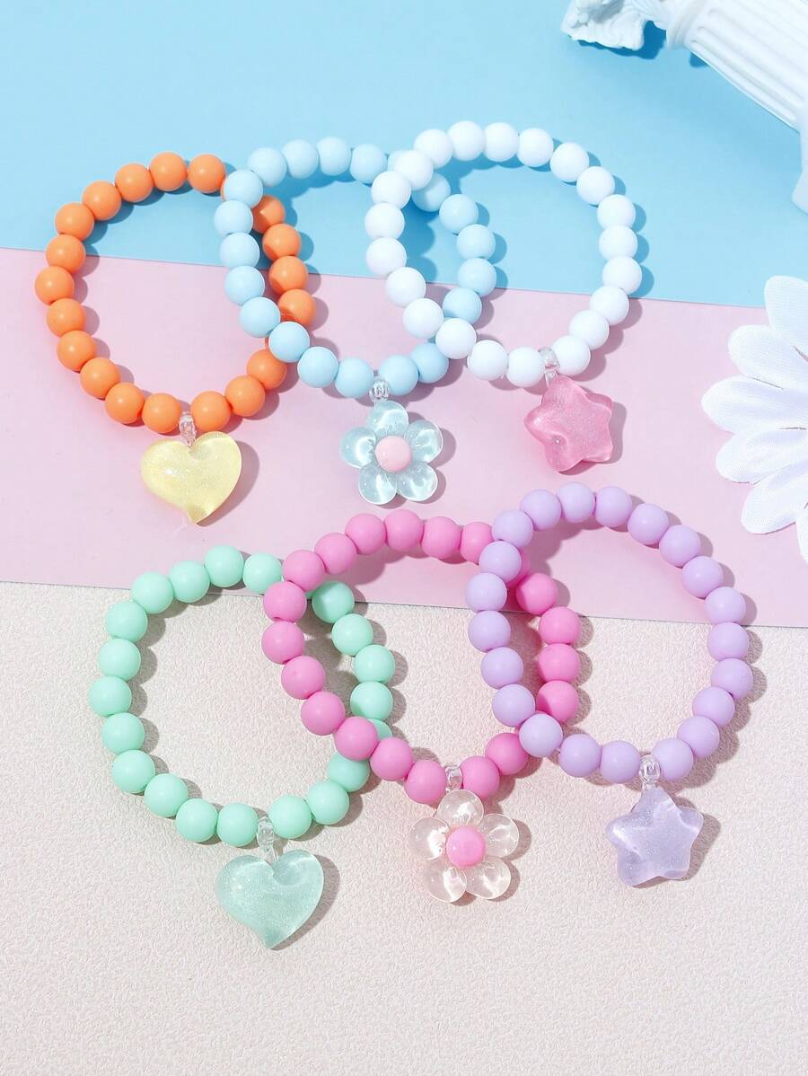 3pcs Girls Beaded Charm Heart Flower Star Bracelet Set