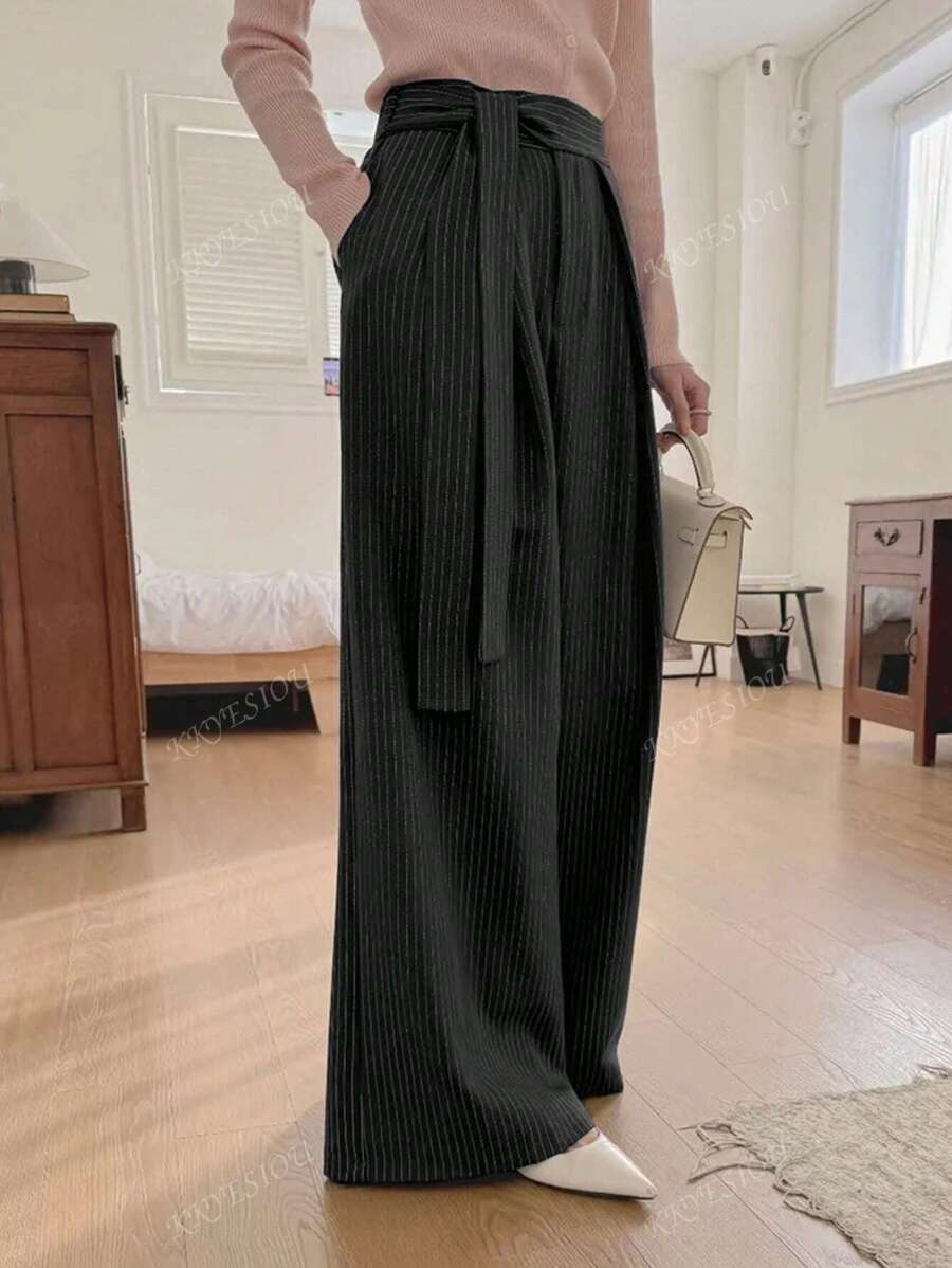 Korean Style Striped Belt With Waist Tie, Versatile Wide Leg Casual Suit Pants, Spring/Summer