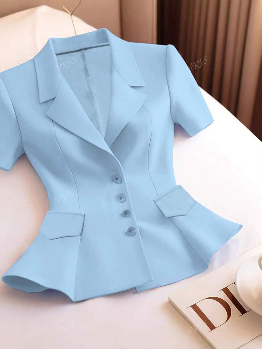 Women's Elegant Solid Color Casual Short Sleeve Top Button & Pocket Decor Blazer Jacket, Commuting Shirt Stylish For Spring/Summer