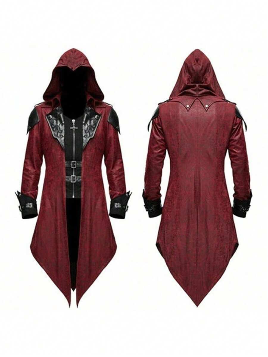 Jaqueta Retrô Remendada Medieval em Estoque para Homens, Roupas de Estilo Gótico Escuro, Vermelho Multicolorido, Novos Elementos Legais de Cara Durão, Tecido Tecido