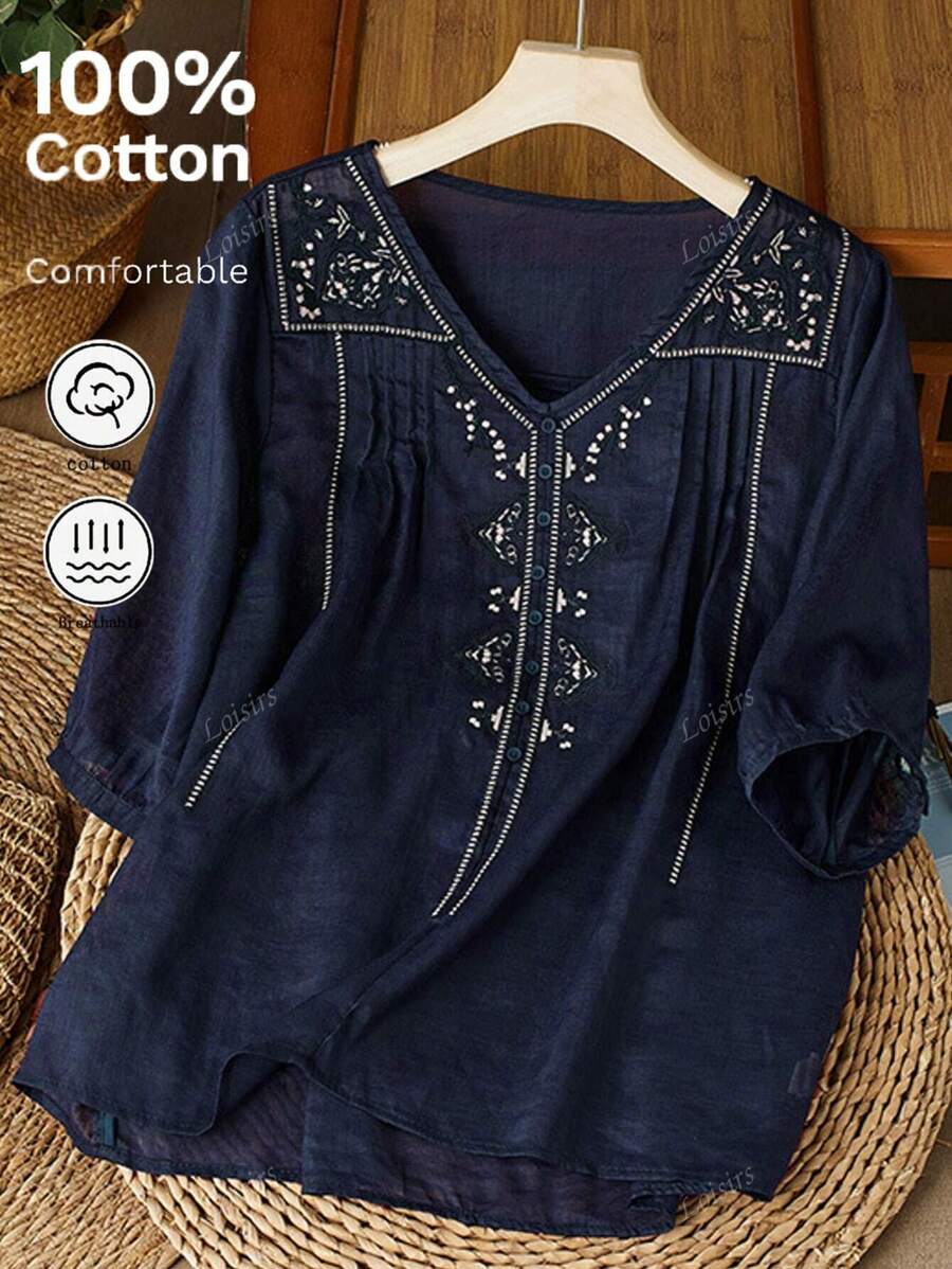 Women's Vintage Embroidered Loose Boho Blouse, Spring/Summer Casual Tops
