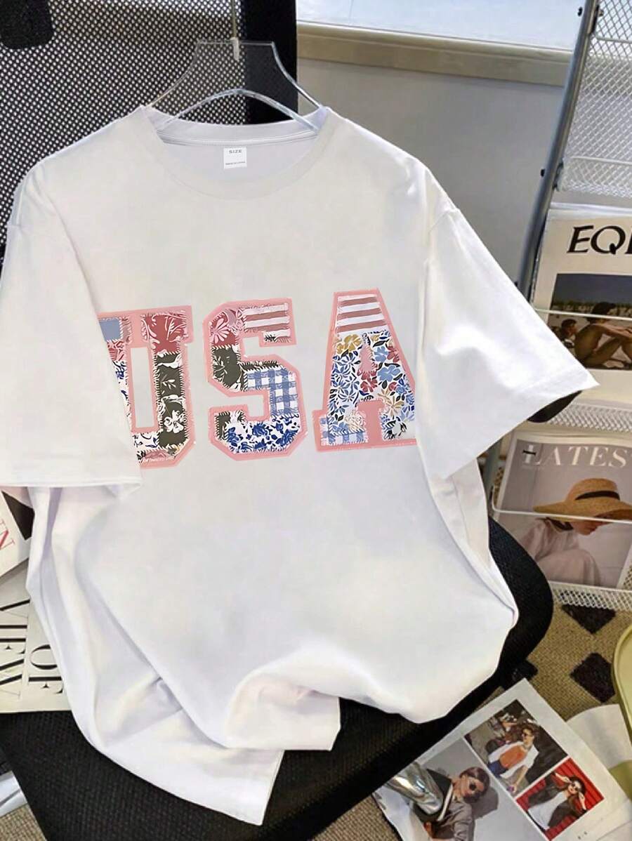 Teen Girls' Casual Letter Print Round Neck Short Sleeve T-Shirt, Summer