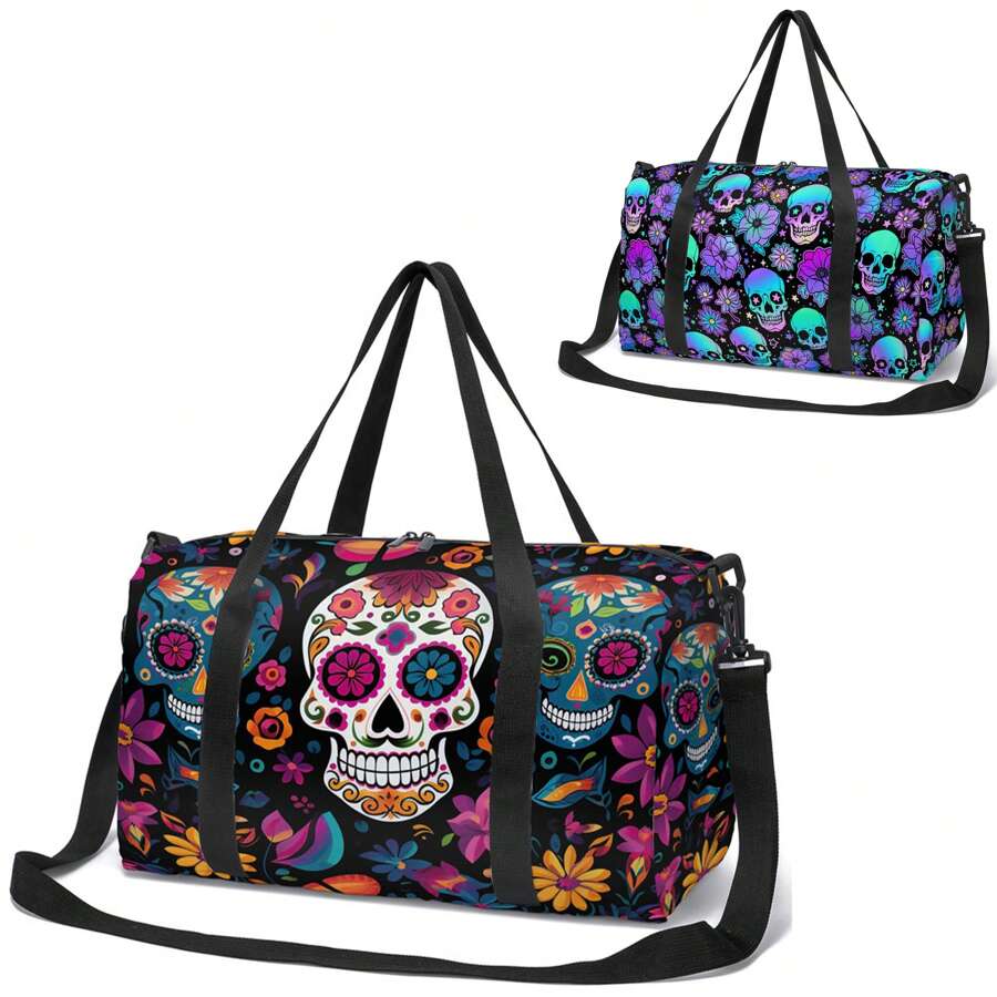 Elegant Travel Bag/Duffel Bag/Yoga Bag/Gym Bag, Skull Flower/Colorful Skull Design, Suitable For Travel, Daily Carry, Fitness, Snow, Camping, Outdoor Activities Holiday Essentials Holiday Travel Essentials Travel Accessories Bag For School School Accessories School Stuff