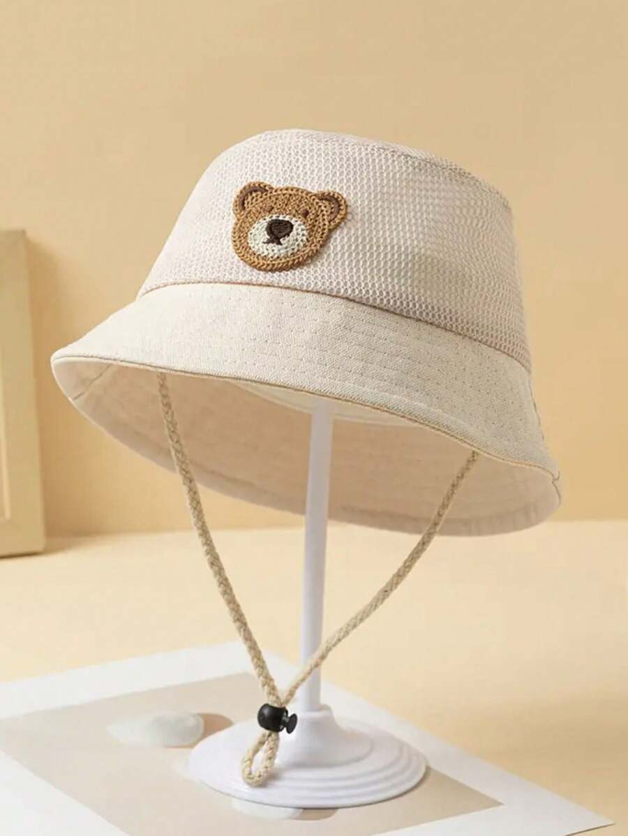 1pc Kids Hollow Out Solid Color Bear Pattern Hat, UV Protection Breathable, 2-5Y