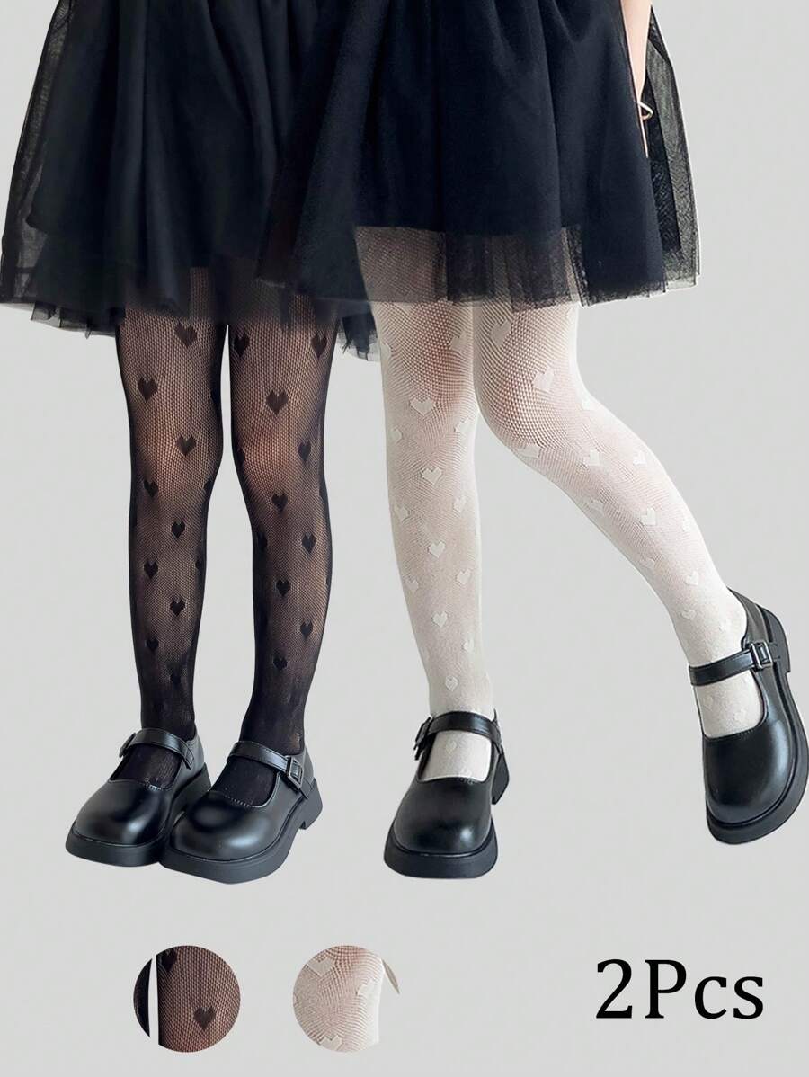 2 pièces Leggings à motif en forme de cœur, pantalon serré respirant et extensible pour bébé fille. Collants résille de couleur unie, convenant pour le port quotidien, à assortir avec des jupes et des chaussures, printemps/été