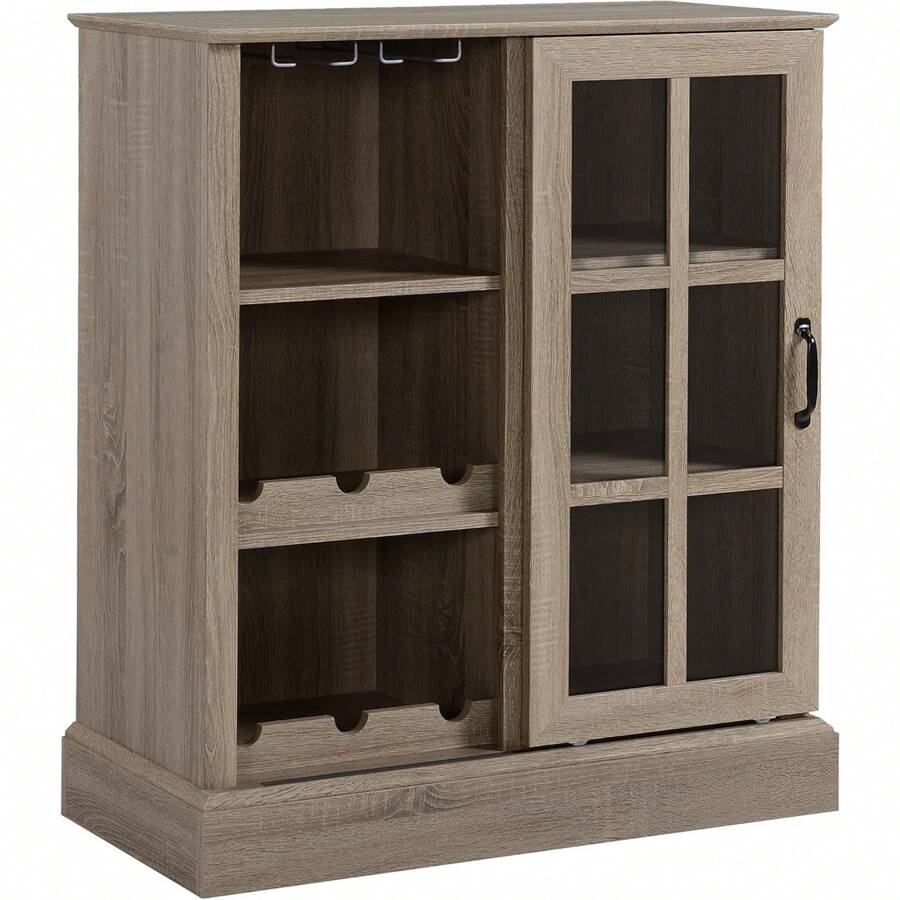 Wine Bar Cabinet, With 6-Bottle Wine Rack And Stemware Racks, Small Sideboard Buffet Cabinet With Sliding Glass Door And Storage Shelves For Kitchen, Brown