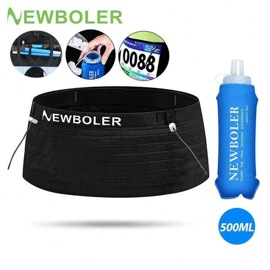 NEWBOLER Elastische Sport Hüfttasche Packung mit Startnummer Gürtel für Triathlon Marathon Radfahren Bergsteigen Hydratations Hüfttasche + 500ML weiches Wasserflasche