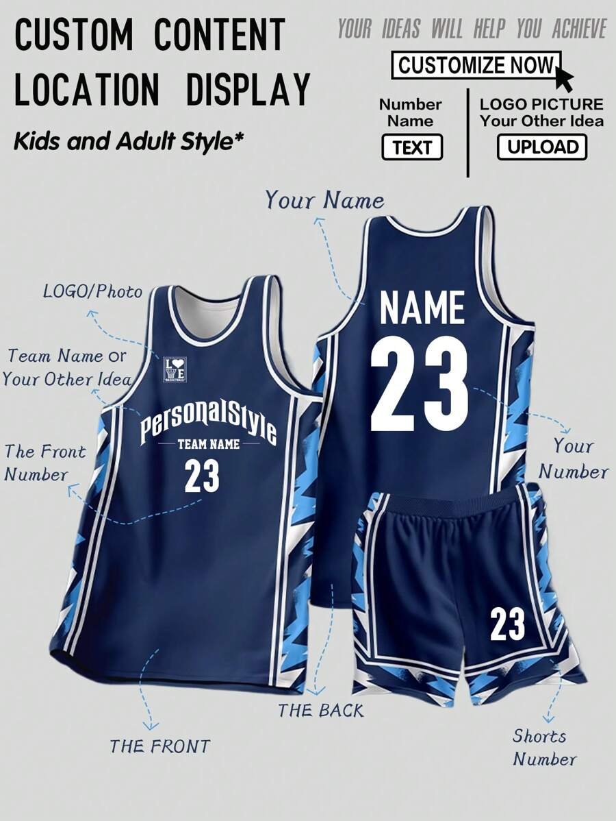 2pcs Personalized Tween Boys Basketball Jersey- Customized Team Name,Number And Photo Print Tank Top+Shorts Breathable Sweat-Absorbing Outdoor Activities Sports Set