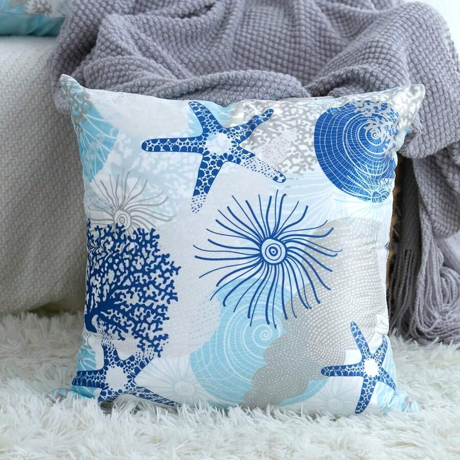 1pc Nautical Coastal Throw Pillow Covers Outdoor Decorative Beach Ocean Themed Throw Pillowcases Starfish Seashell Square Cushion Cover For Couch Bedroom Living Room 16x16 Inches, Blue