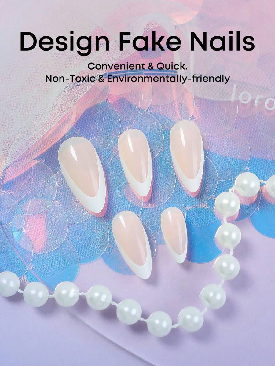 Add A Touch Of Romance With 24pcs Amygdaloid Fake Nails White Edge Minimalist Style Press On Nails Gift For Women & Girl